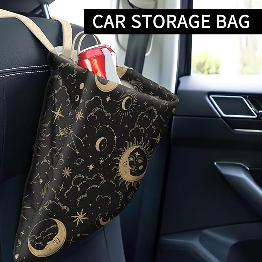 Car Trash Can, Cute Car Trash Bag, Hanging Car Organizer and Storage Bag, Trash Bin for Car Accessories, Vehicle, Travelling, Camping Golden Moon Star