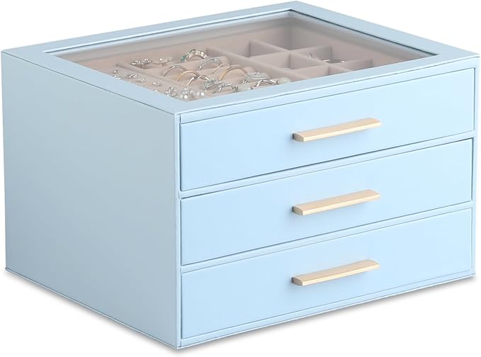 Frebeauty Clear Lid Jewelry Box,3-Layer Jewelry Organizer with Drawer,PU Leather Jewelry Organizers and Storage,Jewelry Boxes