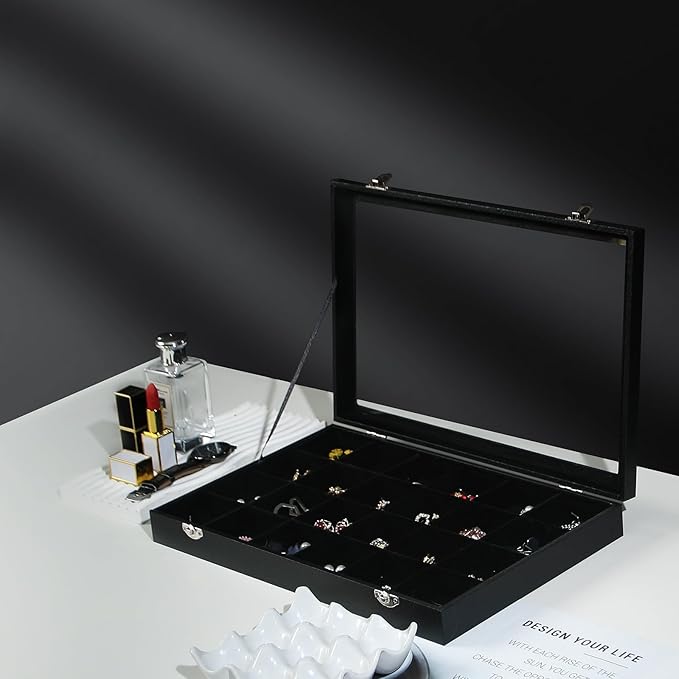 Coward Jewelry Organizer Box, Black Velvet 24 Grids Ring Earring Jewelry Display Tray Case with Transparent Glass Lid for Hom