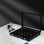 Coward Jewelry Organizer Box, Black Velvet 24 Grids Ring Earring Jewelry Display Tray Case with Transparent Glass Lid for Hom