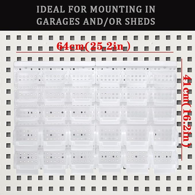 Transparent Garage Organizer Bins, 30PCS Wall Mounted Storage Small Parts Bins With White Pegboard to Store Nuts,Bolts, Screw