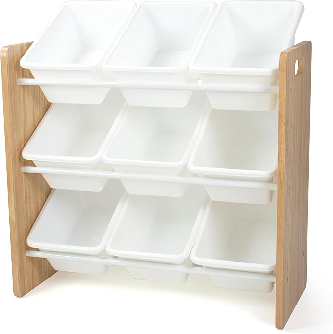 Humble Crew 9-Bin Toy Organizer – Journey Natural Wood with White Plastic Bins, 3-Tier Storage Solution for Kids' Playrooms a