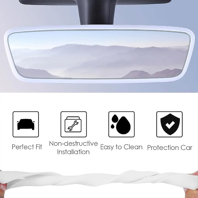 2PCS Protector Trim Frame Compatible with Tesla Model 3 Y 2020-2024 2026 Screen Edge Frame Rearview Mirror Cover Interior Silicone Decorations Center Console Decor Highland Juniper Accessories (White)