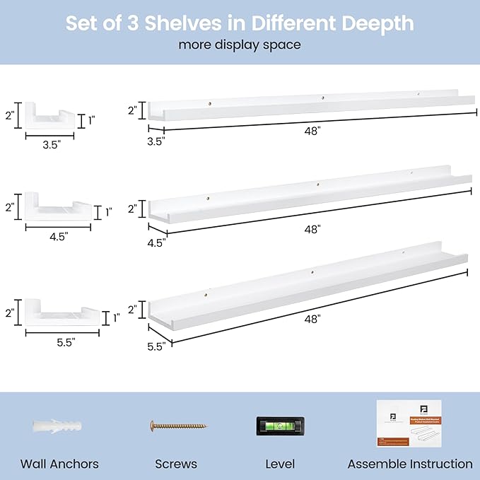Picture Ledge Shelf for Wall, 48 inches Solid Pine Wood Nursery Book Shelves 3 Pack, Floating Ledge Shelves for Kids' Room, B