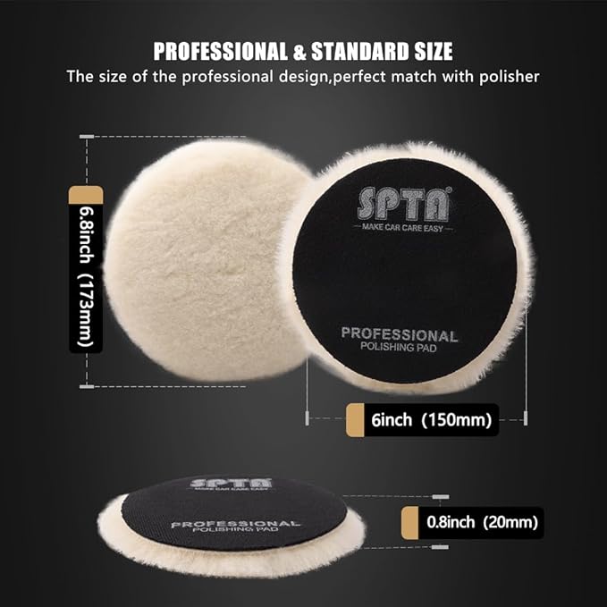 SPTA Wool Buffing Polishing Pads, 3Pcs 6 Inch (150mm) Wool Cutting Pad, Wool Compounding Pad, Buffing and Polishing Pads for 6 Inch Car Polisher Compounding, Polishing, Buffing