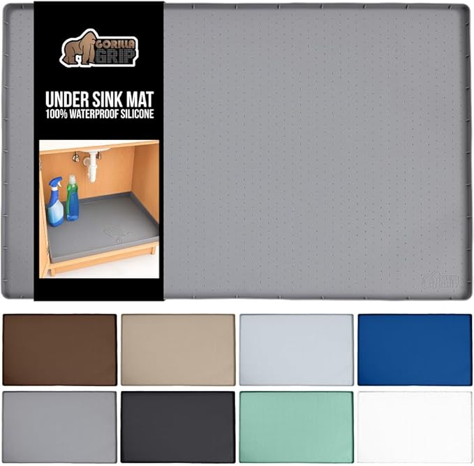 GORILLA GRIP Waterproof Silicone Under Sink Mat with Raised Lip for Kitchen and Bathroom, 46 x 22 in, Cabinet Shelf Liner Sta