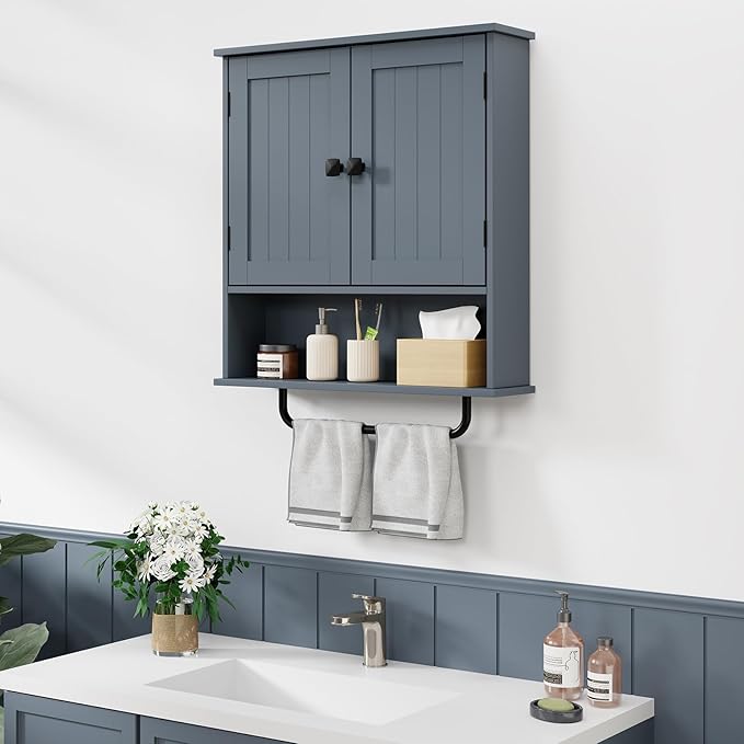 RRX Bathroom Cabinet Wall Mounted Medicine Cabinets with Towels Bar, Over The Toilet Storage Cabinet with 2 Doors and Adjusta