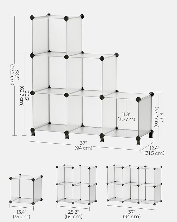 SONGMICS 6 Cube Storage Organizer, DIY Closet Shelf, Plastic Clothes Organizer, Modular Bookcase, 11.8 x 11.8 x 11.8 Inch Cub