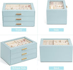 AKOZLIN Jewelry Box with Clear Lid Functional Leather Jewelry Storage Organizer Case 3 Drawers for Women Girls Necklace Ring 