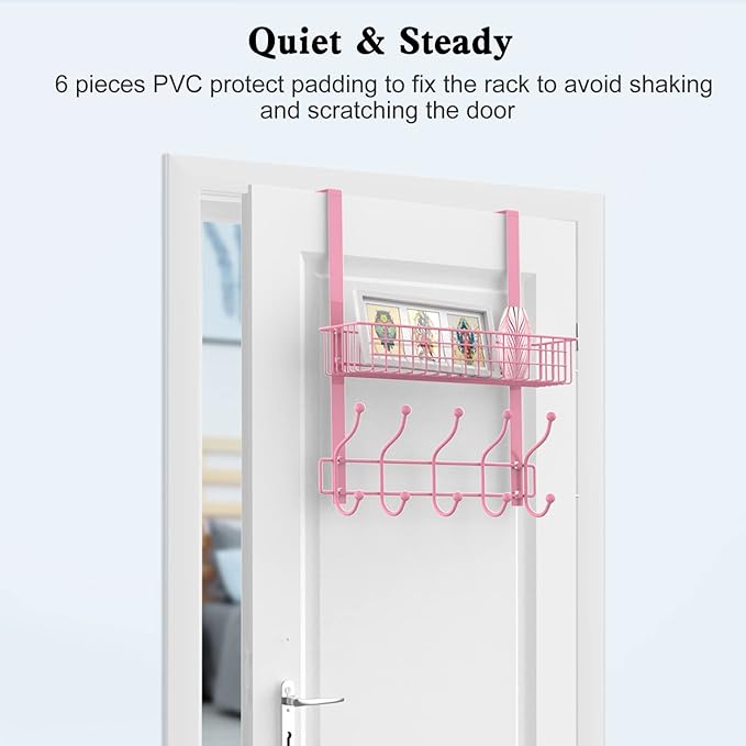 Coat Rack, Over The Door Hanger with Mesh Basket, Detachable Storage Shelf for Towels, Hats, Handbags, Coats (Pink)