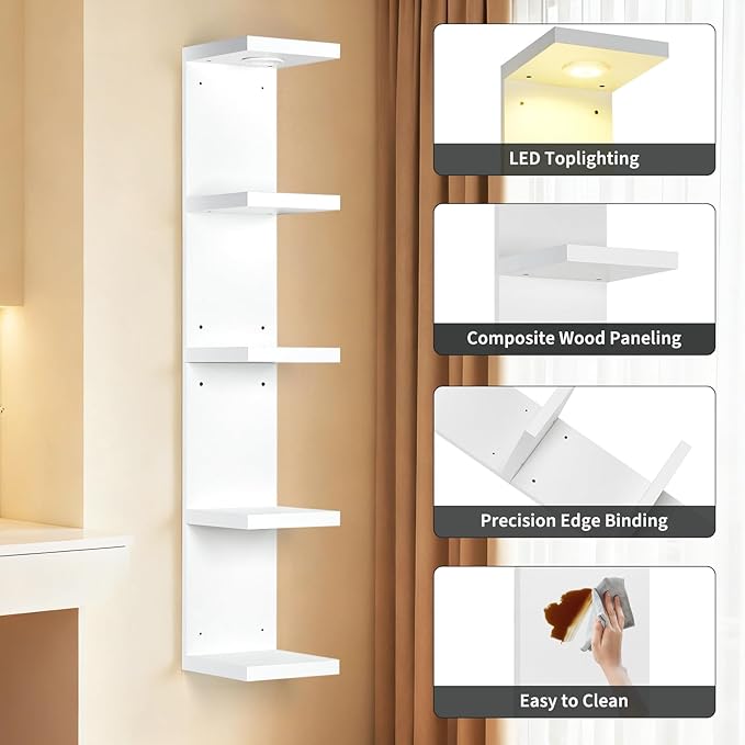 Garvee 5-Tier Heavy Duty Wall Mounted LED Floating Shelves, Remote Control Storage Shelf for Home Office Collectibles Books D