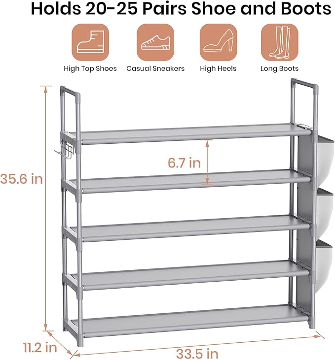 VILICK Shoe Rack for Closet Shoe Organizer Space Saver Storage for 20-25 Pair Shoe Shelf with Hook and Side Pocket Free Stand