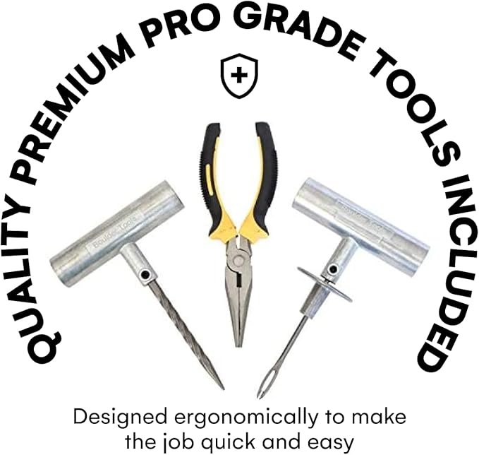 Tire Repair Kit by Boulder Tools - Heavy Duty Plug Kit for Cars, Trucks, Motorcycles, ATVs - Complete Flat Fix Automotive Tools Set with Storage Case, Valve Tool, Pliers, and Repair Plugs