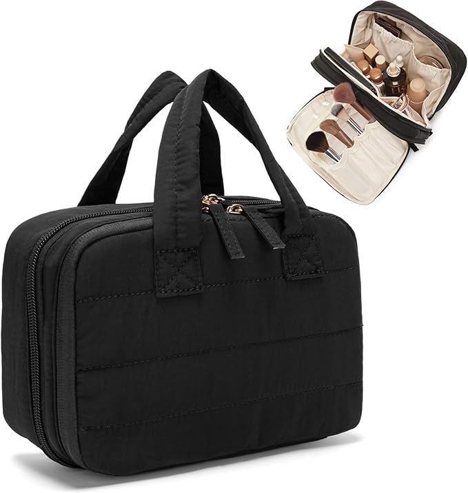 Makeup Bag, Travel Cosmetic bag, Toiletry Bag For Women, Make up Bag With Brush Storage, Hanging Toiletry Bag, Puffy Padded M