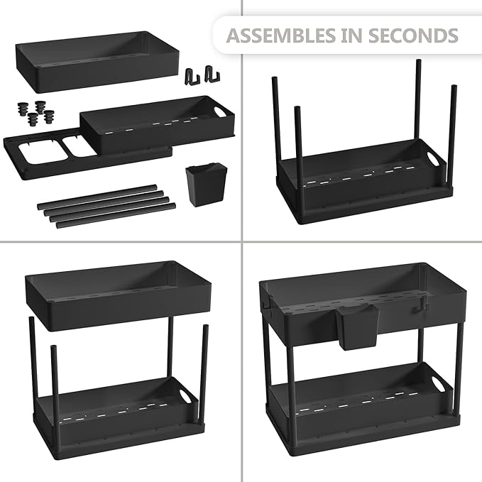 Under Sink Organizers and Storage, Bathroom Cabinet Organizer, Sink Shelf with Utility Hooks and Side Caddy for Under Cabinet