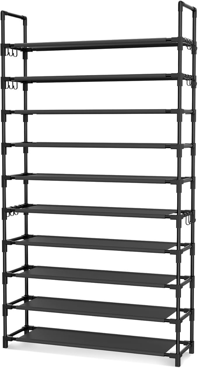 LANTEFUL Tall Shoe Rack 10 Tier Shoe Organizer Large Shoe Shelf with 18 Hooks Storage for 50 Pair, Stackable Vertical Shoe Ra
