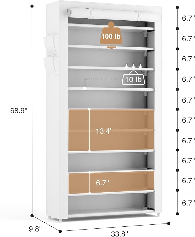 ROJASOP Shoe Rack with Covers 10 Tier Large Shoe Organizer Tall Shoe Closet Storage for 50-55 Pairs Shoe and Boot, Free Stand