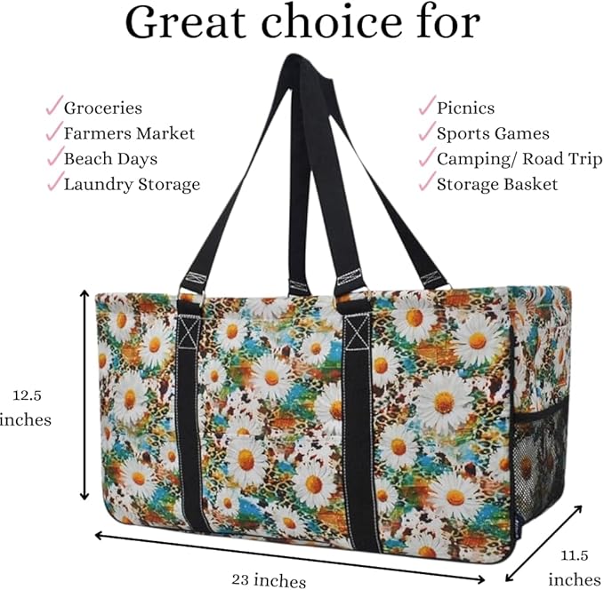 NGIL Extra Large Utility Tote Reusable Grocery Bag Oversized Collapsible for Groceries, Storage, Picnic, Beach (Wildflower-Black)