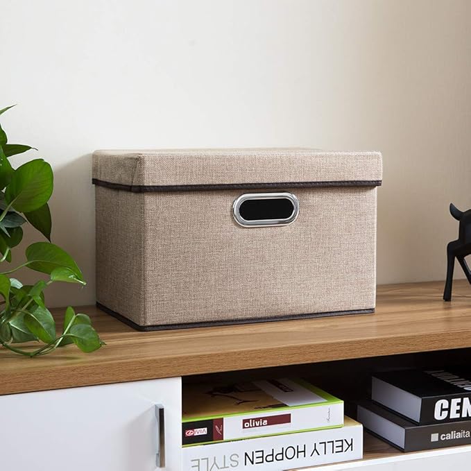 PRANDOM Collapsible Storage Cubes with Lids [3-Pack] Jute Fabric Foldable Storage Boxes Organizer Containers Baskets Bins wit