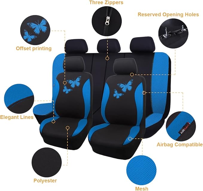 Flying Banner Butterfly car seat Covers ful Set Fashion Universal Lady Woman Female Rear Bench Split Colorized (Full Set, Blu