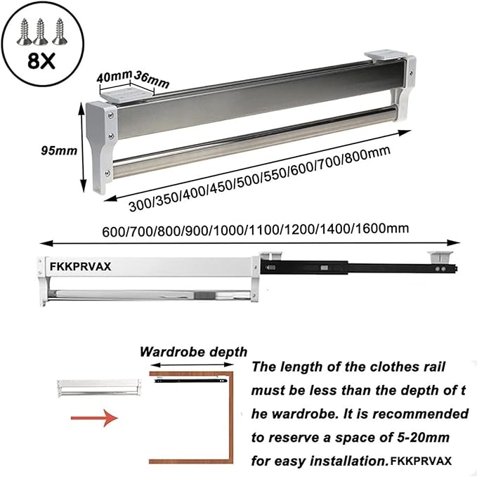 THEGA Heavy Duty Extendable Pull Out Closet Rod - Closet Clothes Hanger Rail, Load 25kg Pull Out Closet Clothes Hanger Rail, 