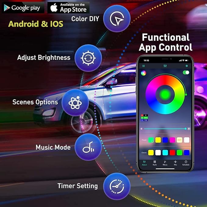 Car Underglow Lights, Yielinth Exterior LED Strip Lights with App and RF Remote Control,16 Million Colors Underglow Kit for Car