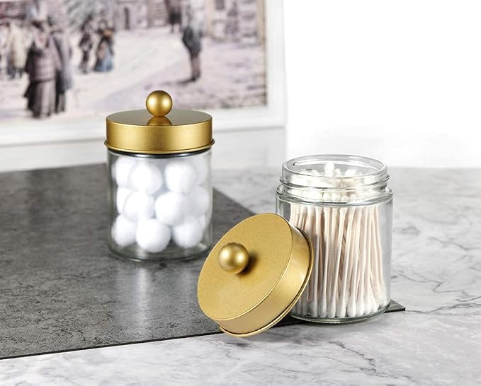 Amolliar 4 Pack Apothecary Jars Bathroom Vanity Storage Organizer Set -Countertop Canister with Stainless Steel Lids &Cute St
