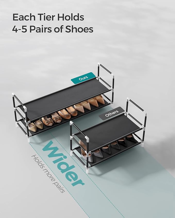 SONGMICS 2-Tier Shoe Rack, Shoe Storage for Hallway Closet, Slim and Space-Saving, Metal Frame, Non-Woven Fabric Shelves, Bla