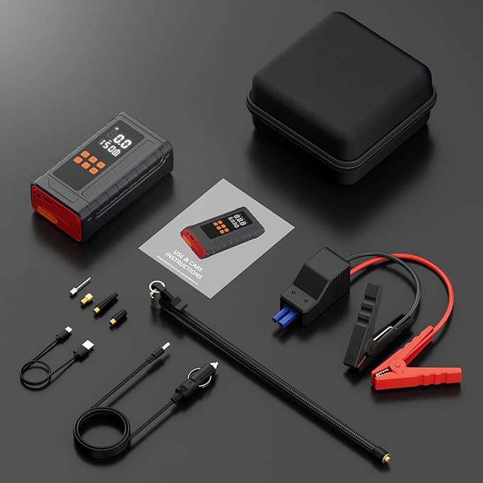 Portable Car Jump Starter with Air Compressor, 14.8V 2000 * 4mAh Battery Booster, 150PSI Tire Inflator, Power Bank & LED