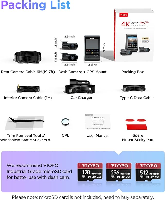 VIOFO A229 Pro 3 Channel 4K HDR Dash Cam, Dual STARVIS 2 Sensors IMX678 & IMX675, 4K+2K+1080P Front Inside and Rear Triple Ca