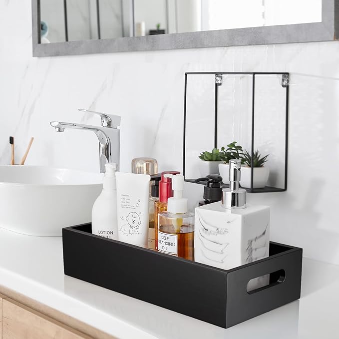 ALELION Black Bathroom Basket - Wooden Toilet Tank Paper Basket with Handle for Organizing - Back of Toilet Storage Organizer
