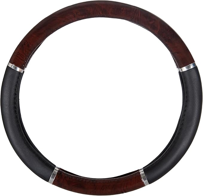 BDK Dark Wood Grain Car Steering Wheel Cover, Standard 15 inch with Black Faux Leather Grip, Made to Fit Most Auto Truck Van 