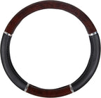 BDK Dark Wood Grain Car Steering Wheel Cover, Standard 15 inch with Black Faux Leather Grip, Made to Fit Most Auto Truck Van 