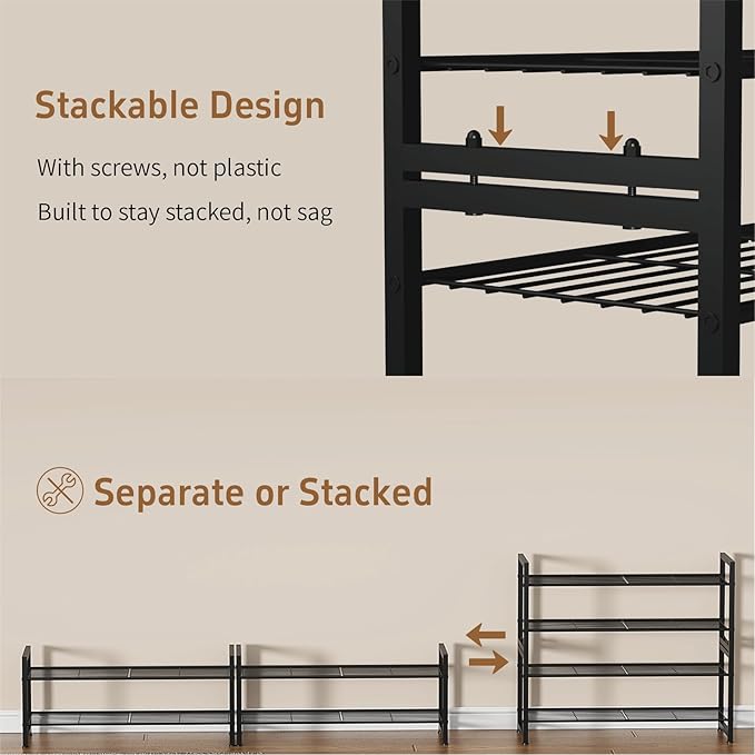 Stackable Shoe Rack, 4 Tier Metal Shoes Rack Storage Organizer,Large Capacity Shoe Shelf Holds 24 Pairs of Shoes,Sturdy and S