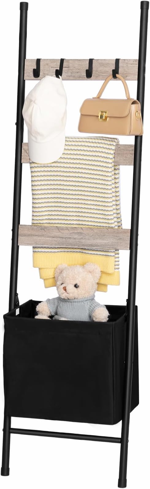HOOBRO Blanket Ladder with Basket, 17.3”L x 63.4”H, Towel Rack with Hooks, Blanket Holder Rack, Decorative Ladder Shelf, Dryi