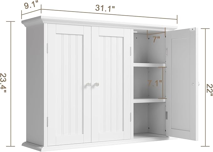 ChooChoo Bathroom Wall Cabinet with 3 Doors, Laundry Cabinet Wall Mounted, Medicine Cabinet with Adjustable Shelves, Hanging 