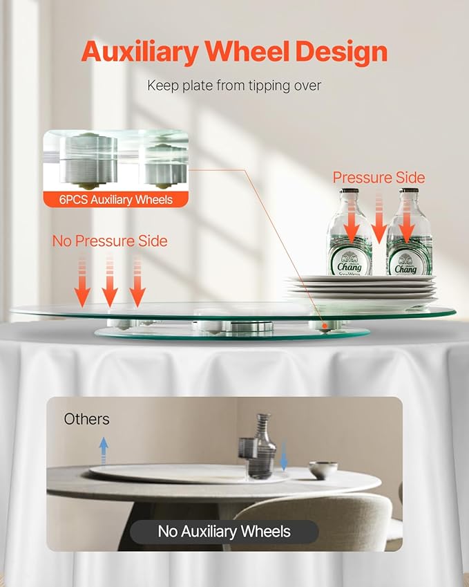 VEVOR 24 in Glass Lazy Susan Turntable, Tempered Glass Dining Table Centerpiece with 6 Rotating Wheels, 360° Smooth and Silen