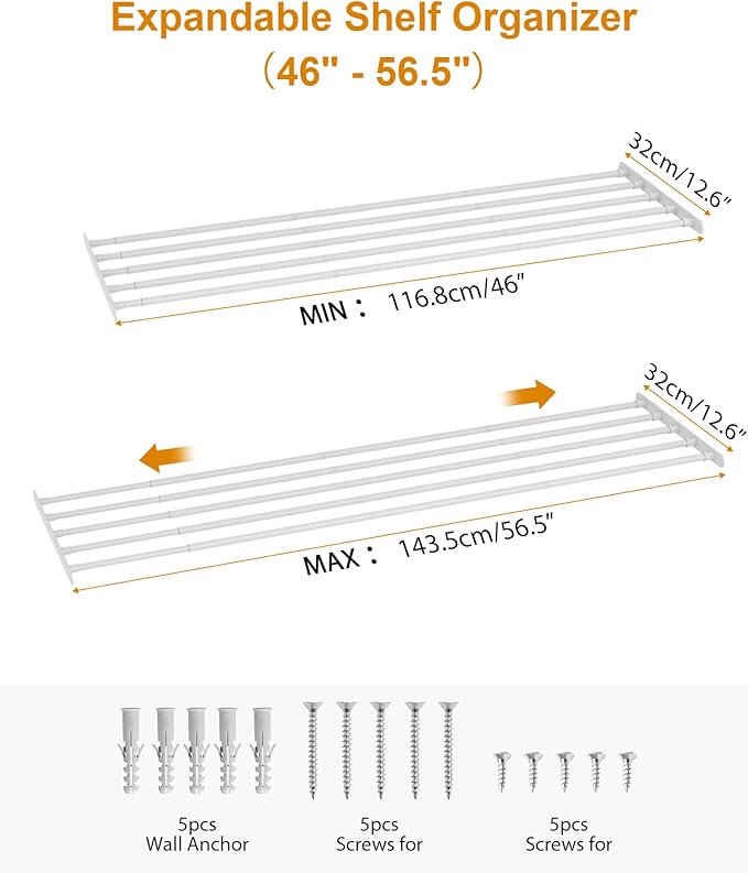 FIRJOY Expandable Wall-Mounted Closet Shelf Organizer, Adjustable Storage Rack, Heavy Duty (White, 46" - 56.5")