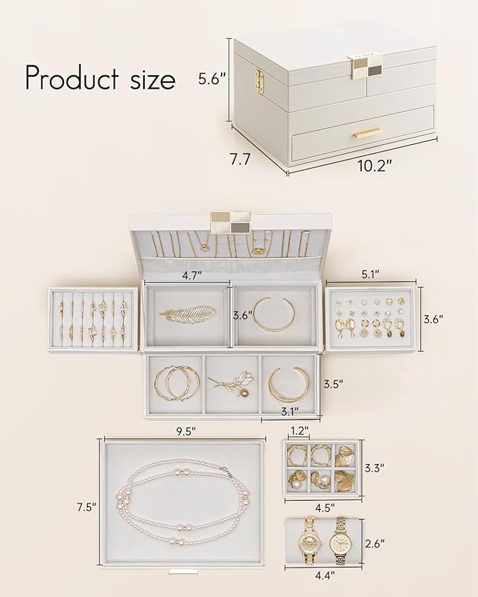 VLANDO 3 Layer Jewelry Box - Women Jewelry Box with Retractable Tray - Jewelry Organizers with Drawer for Necklaces, Rings, B