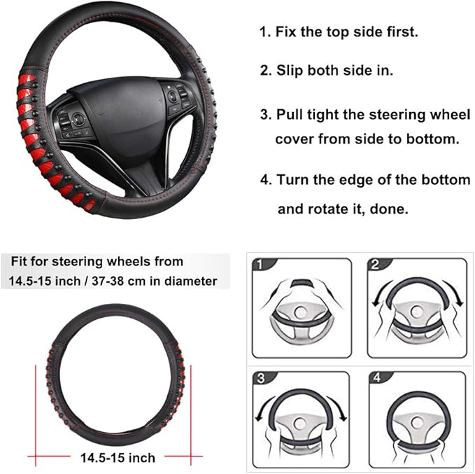 West Llama Microfiber Leather Car Steering Wheel Cover for Men Women,Universal Fit 14.5-15 inch(Leather Nails-Red+Black-Stand