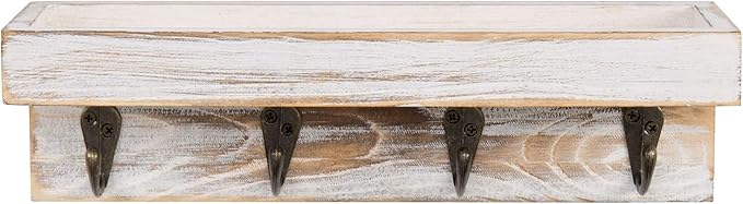 MyGift 10 Inch Floating Wall Shelf with Hooks, Whitewashed Wood Entryway Storage Shelf with 4 Metal Key Hooks