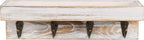 MyGift 10 Inch Floating Wall Shelf with Hooks, Whitewashed Wood Entryway Storage Shelf with 4 Metal Key Hooks