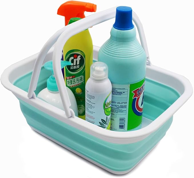 SAMMART 9.2L (2.37Gallon) Collapsible Tub with Handle - Portable Outdoor Picnic Basket/Crater - Foldable Shopping Bag - Space Saving Storage Container (1, White/Lake Green)