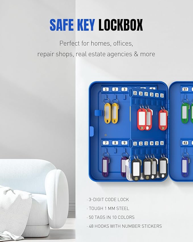 Uniclife 48 Keys Lock Box for Keys with Code, Wall Mount Key Lock Box with Code, Lockbox for Keys, Key Lockbox with Tags, Key
