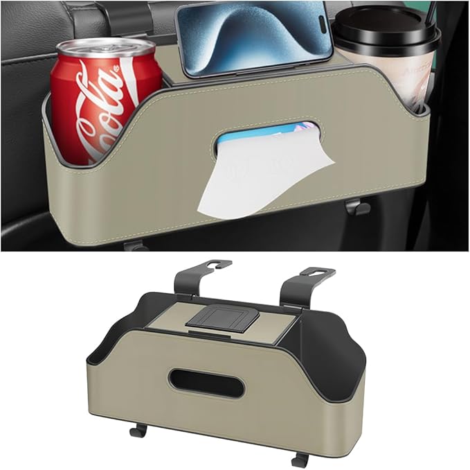 Zipelo Car Headrest Backseat Organizer with Cup Holder, Multi-Functional Vehicle Seat Back Hanging Storage Box with Hooks, Auto Drink Snack Phone Tray Travel Accessories for Kids Adults (Beige)