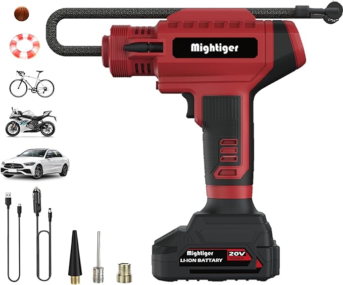 Tire Inflator 20V Cordless Mini Air Compressor DC 12V Portable Handheld Car Drill Air Pump 150PSI with Rechargeable Battery, Auto Shut Off, LED, Digital Pressure Gauge for Cars Bikes (Red)