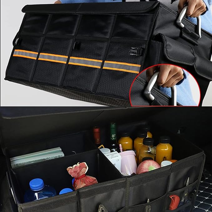 Tianle Car Trunk Organizer - Collapsible Trunk Organizer & Lid Foldable Cover Aluminium Alloy Handle Reflective Strip for