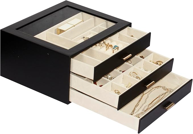 Jewelry Box with Glass Lid, 3-Layer Jewelry Organizer for Women Girls, PU Leather Display Case with 20-Grid Earring Tray & Mo