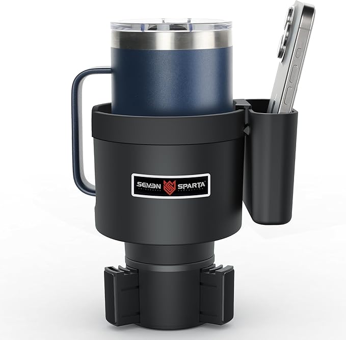 Seven Sparta Cup Holder Expander with Phone Holder & Cable Access, 3-in-1 Car Organizer, Side Storage Box for Phone/Cards, Co