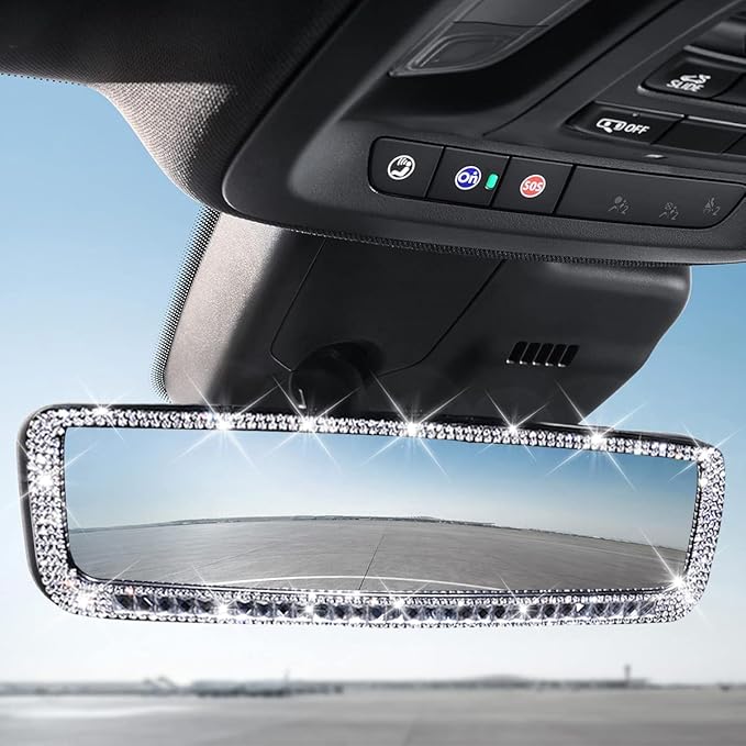 AUCELI Car Rear View Mirror, Bling Rhinestone Interior Rear View Mirror with HD Glass, Wide Angle Clip-On Rearview Mirror with Glitter Crystal Diamond, Car Decoration Accessories for Women (Silver)
